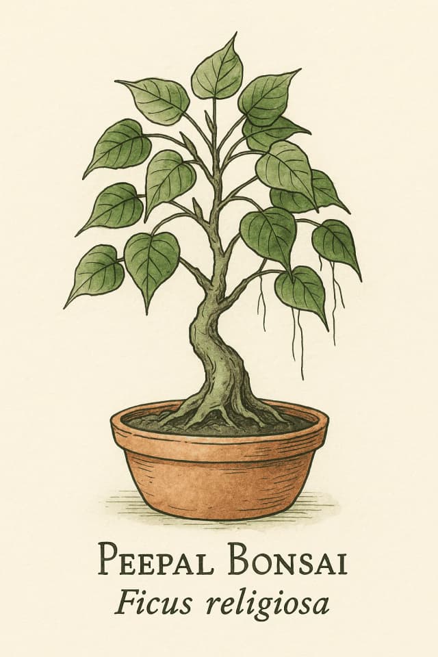 Peepal bonsai tree with distinctive heart-shaped leaves
