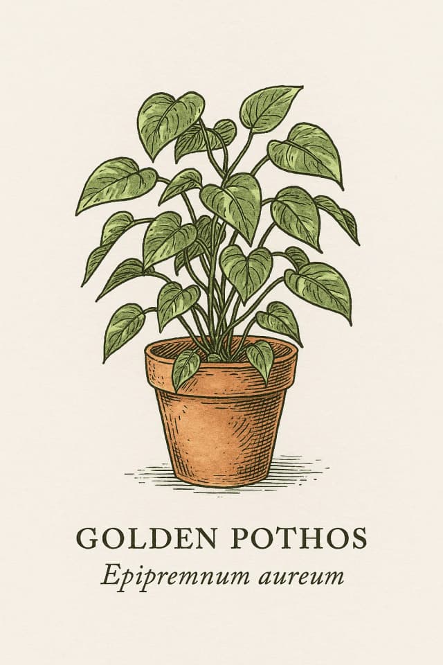 Golden pothos vine with heart-shaped variegated leaves