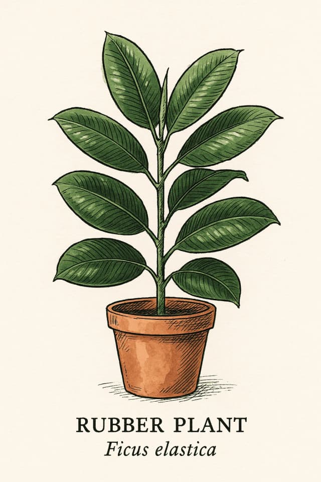 Rubber plant with large, glossy dark green leaves