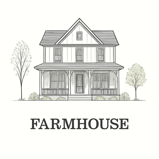 Farmhouse style house with rectangular floor plan, large front porch, and natural materials