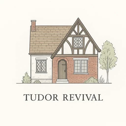 Tudor Revival style house with steep pitched roof, exposed half-timbering, and brick walls